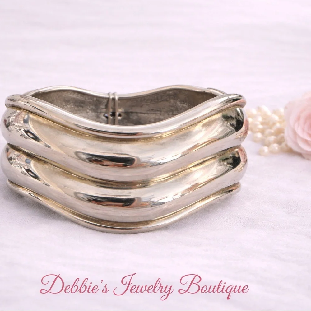 Vintage Style Sculptural Silver Tone Hinged Cuff Bracelet | Wide Statement